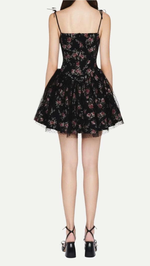 AIIZIE JUBIN MESH PRINTED FISHBONE MINI DRESS IN BLACK - product image