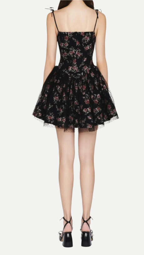 JUBIN MESH PRINTED FISHBONE MINI DRESS IN BLACK