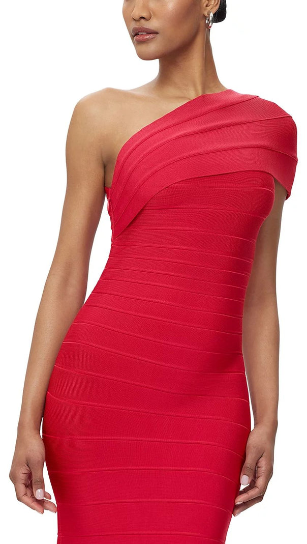 AIIZIE ABIGAIL ONE-SHOULDER BANDAGE MIDI DRESS IN RIO RED - product image