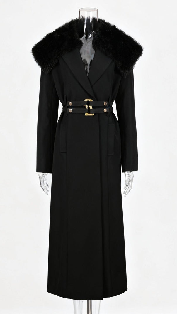 AIIZIE Ismail Luxe Black Fur Collar Coat: Elegant Winter Warmth with Gold Belt Detail - product image