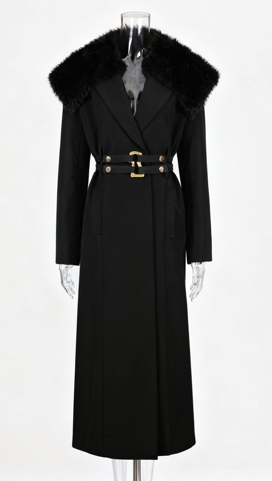 Ismail Luxe Black Fur Collar Coat: Elegant Winter Warmth with Gold Belt Detail