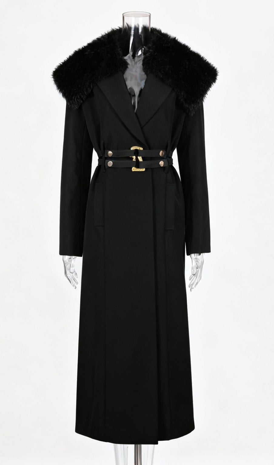 Ismail Luxe Black Fur Collar Coat: Elegant Winter Warmth with Gold Belt Detail