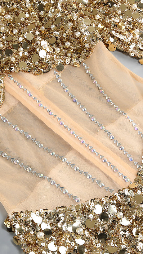 Langärmliges Maxikleid mit Pailletten in Gold