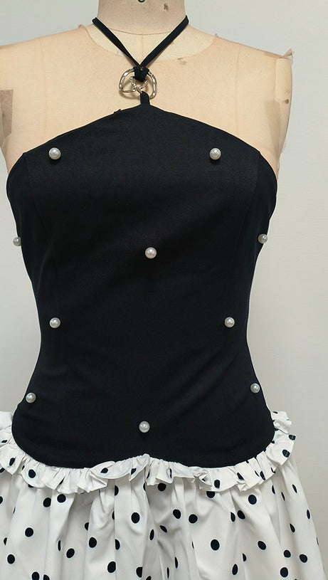 BLACK AND WHITE BEADED MINI DRESS