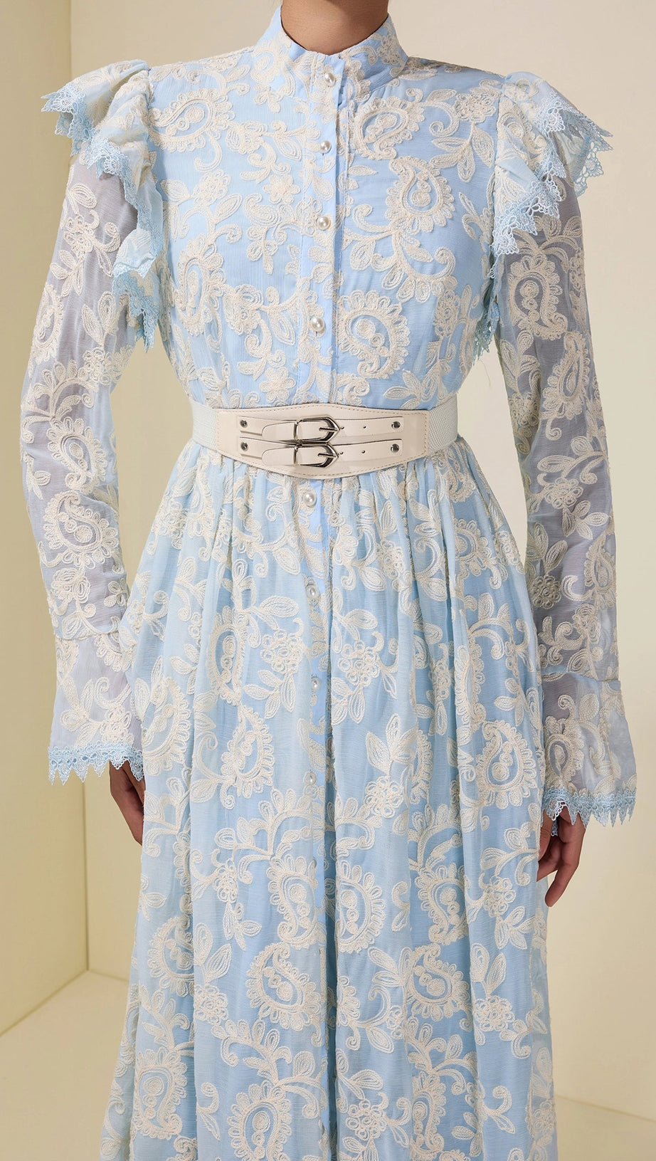alma Chiffon Embroidered Single Breasted Midi Dress With Belt - blue