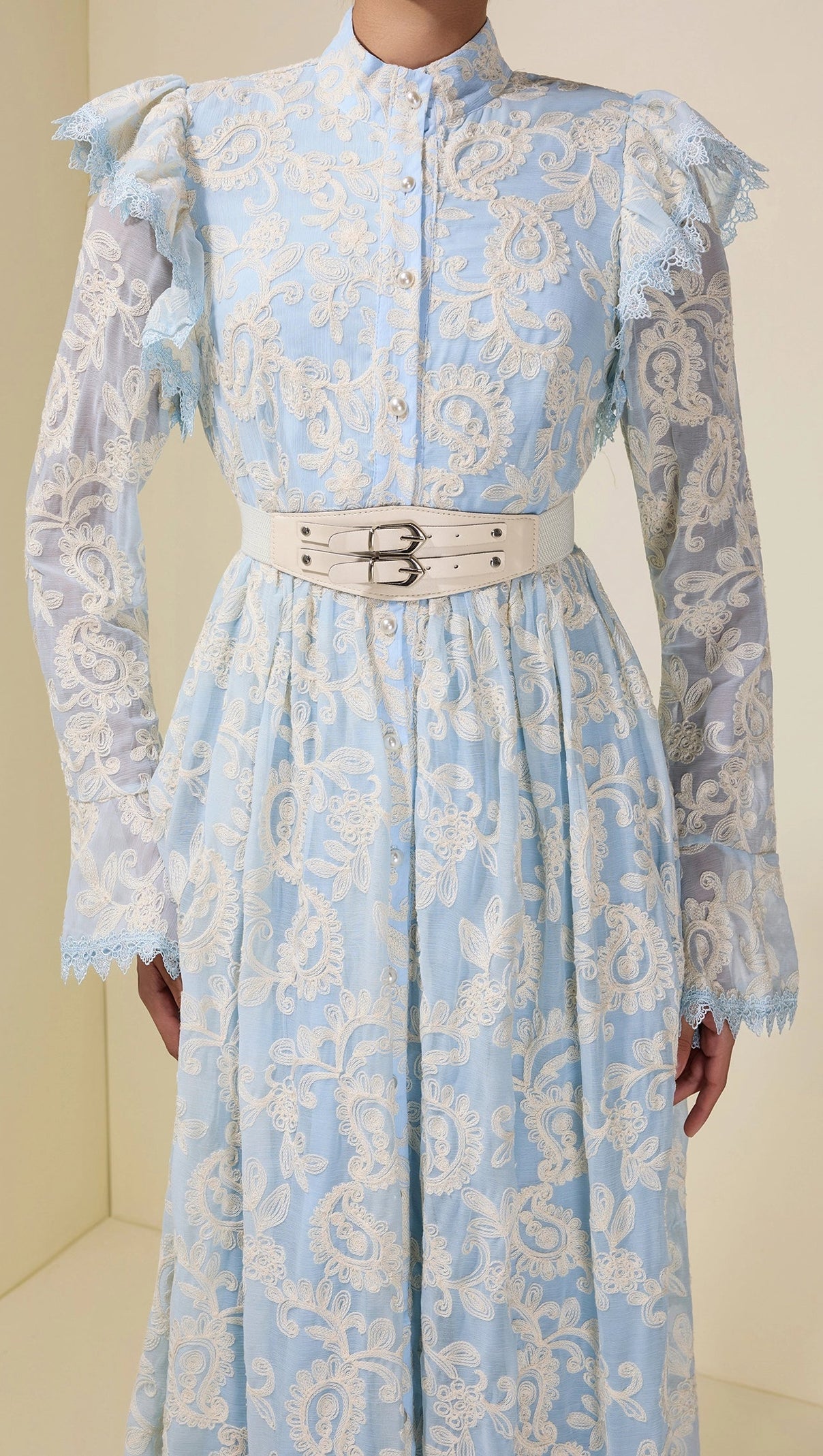 Alma Chiffon Embroidered Single Breasted Midi Dress with Belt - Blue