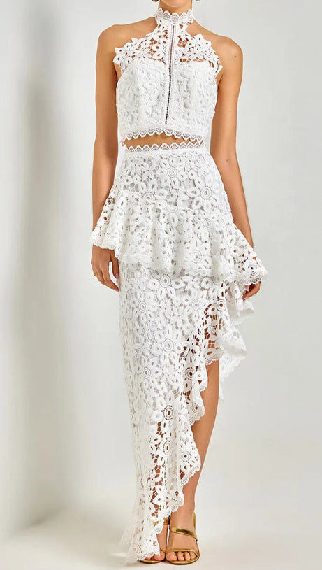 LACE SLEEVELESS TOP IRREGULAR SKIRT SET IN WHITE
