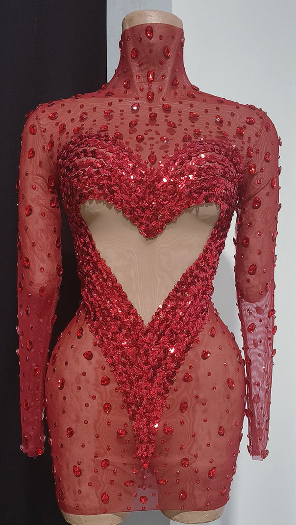 AIIZIE Jandina Dazzling Red Sequin & Diamante Mini Dress | Sheer Heart Party Glamour - product image