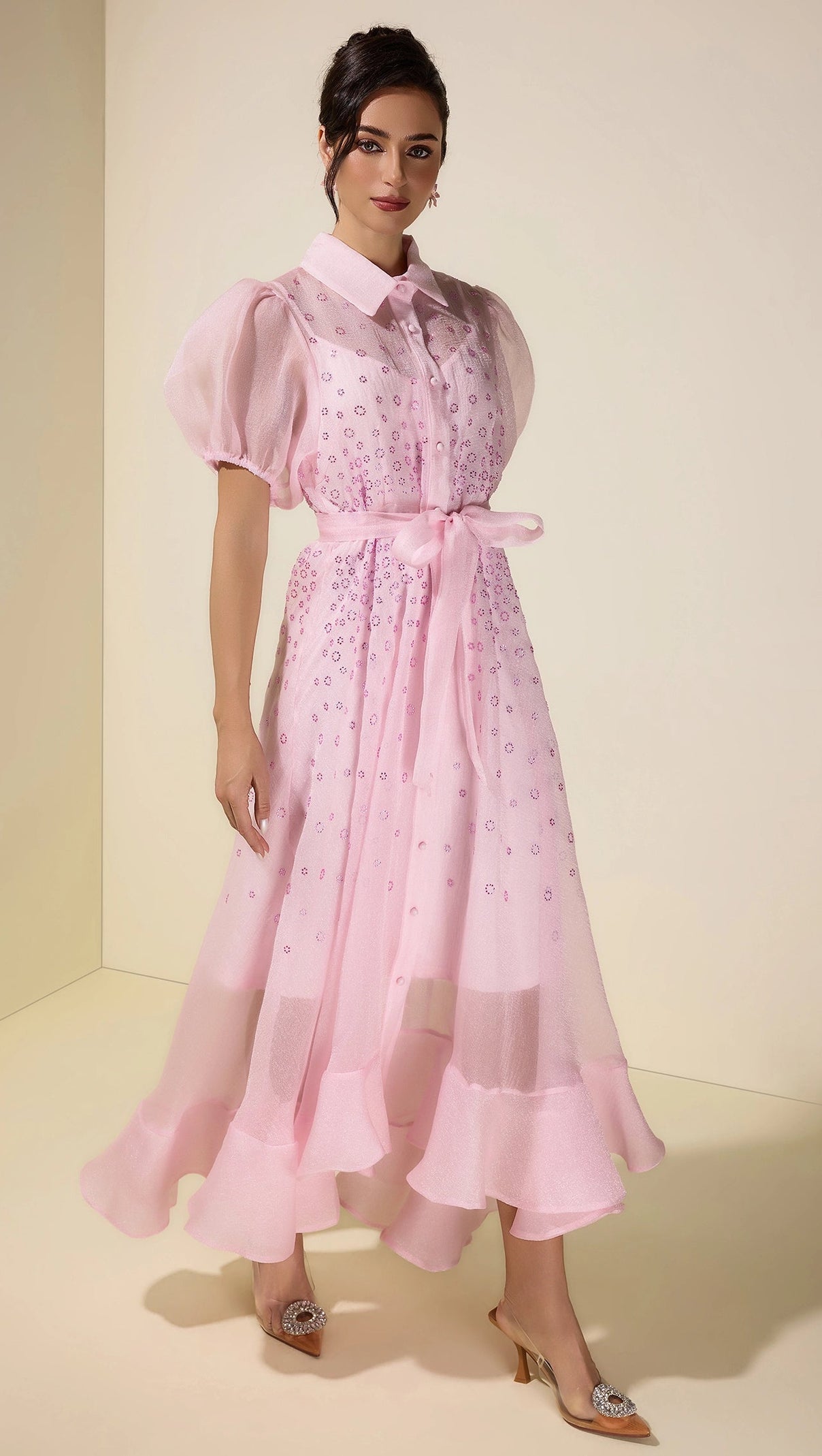 sylvia Rhinestone Puff Sleeve Maxi Dress With Belt - pink