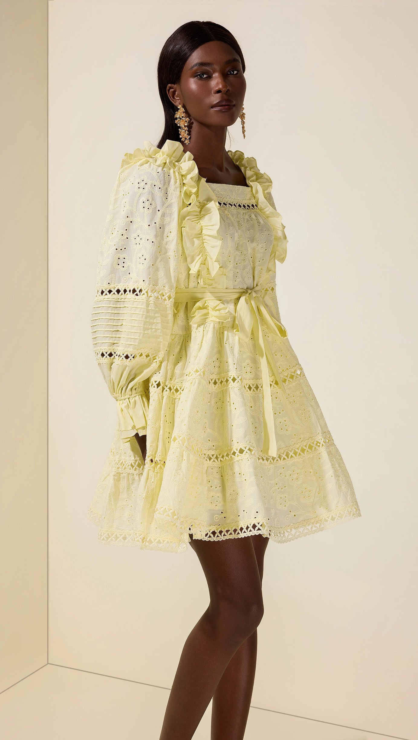 victoria Embroidered hollow Ruffle Mini Dress - yellow