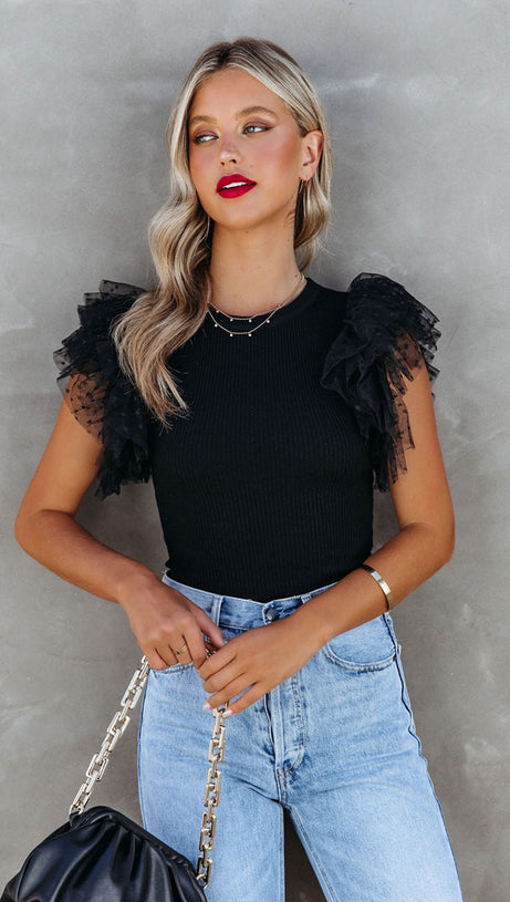 BLACK DOTTY MESH RUFFLE SLEEVE RIBBED KNIT TOP