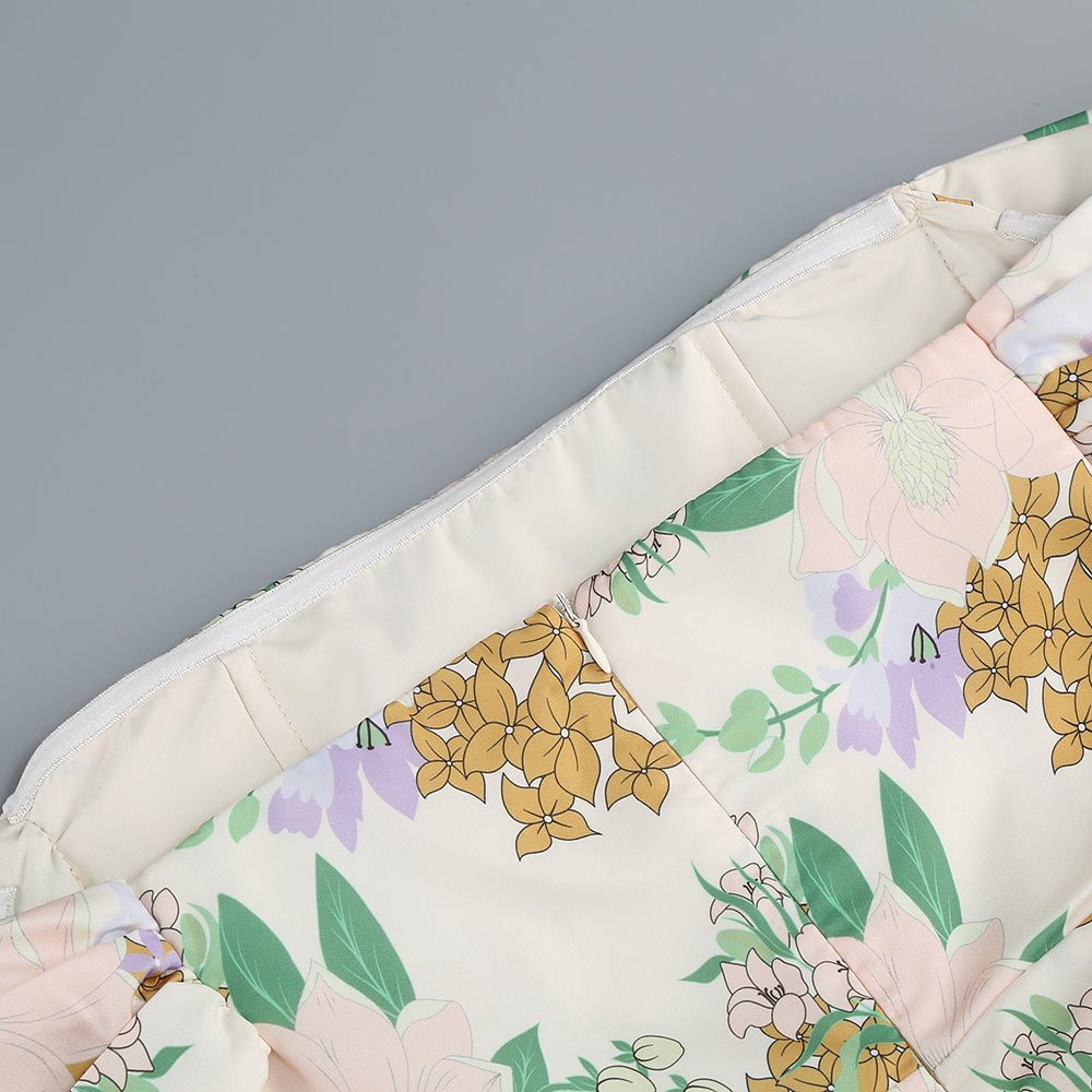 ABITO CORTO ASIMMETRICO CON STAMPA FLOREALE E SPALLE SCOPERTE