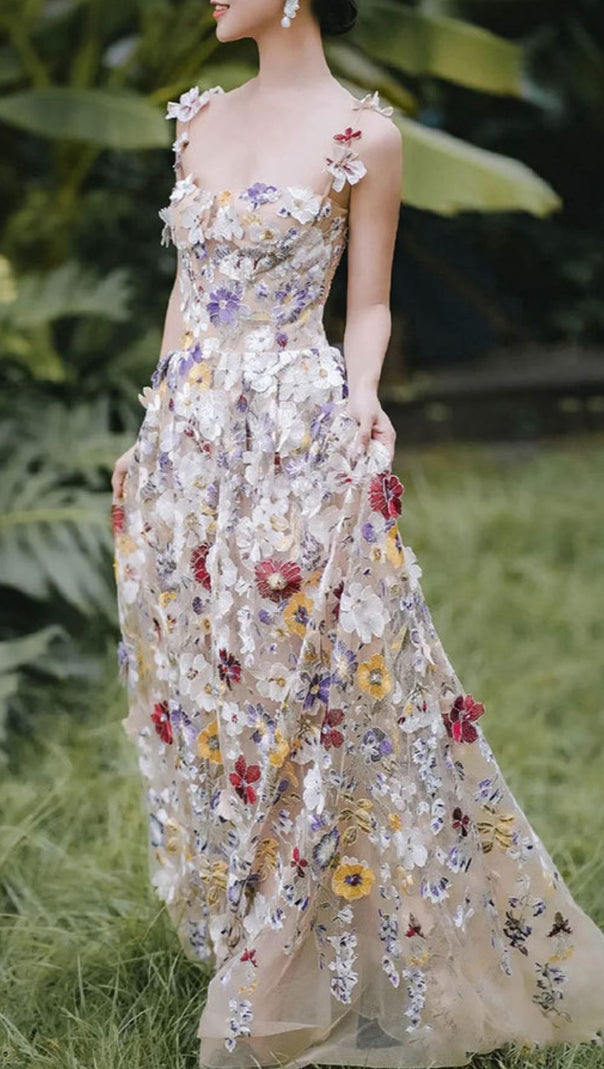 AIIZIE Jansje Enchanted Floral Appliqué Maxi Dress - Romantic Strappy Gown for Women - product image