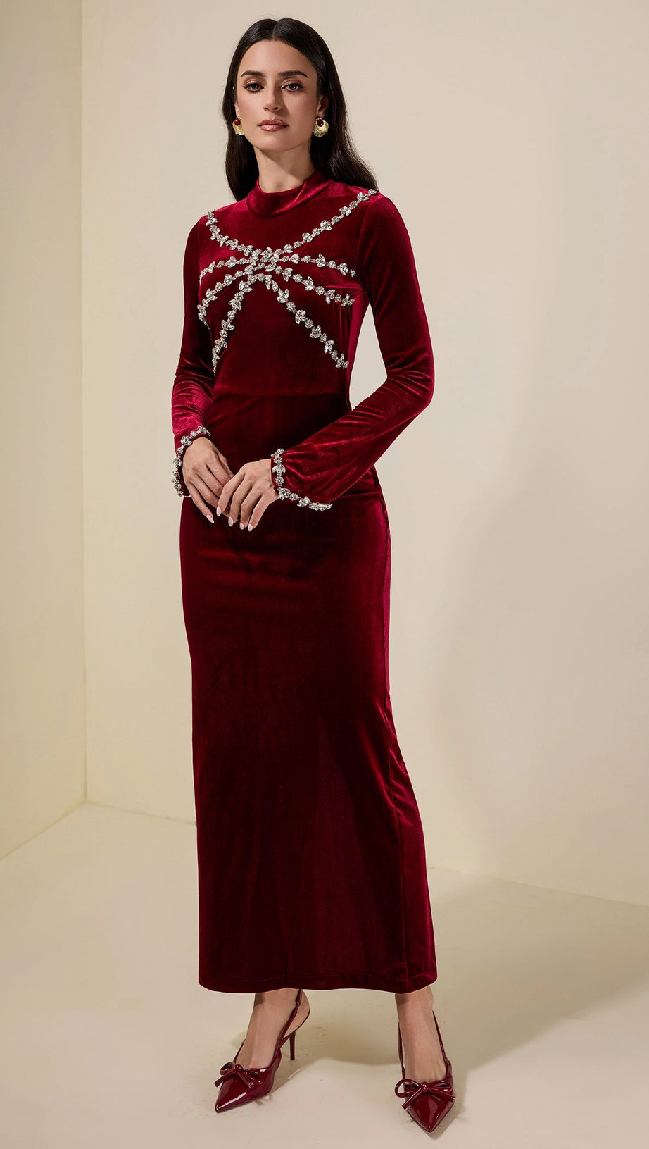 hilary Velvet Rhinestone Long Sleeve Maxi Dress - burgundy