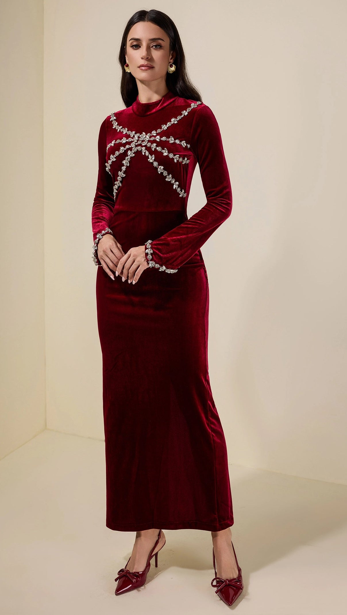 hilary Velvet Rhinestone Long Sleeve Maxi Dress - burgundy