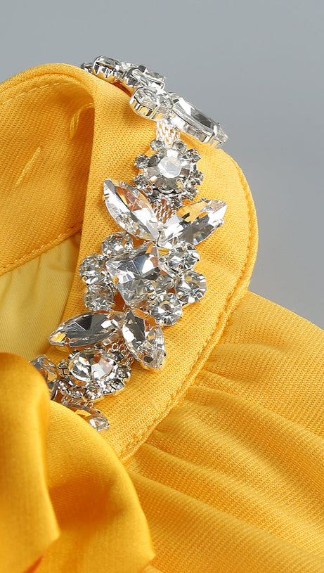 MAMIE HALTER FLORAL CRYSTAL MAXI DRESS IN YELLOW