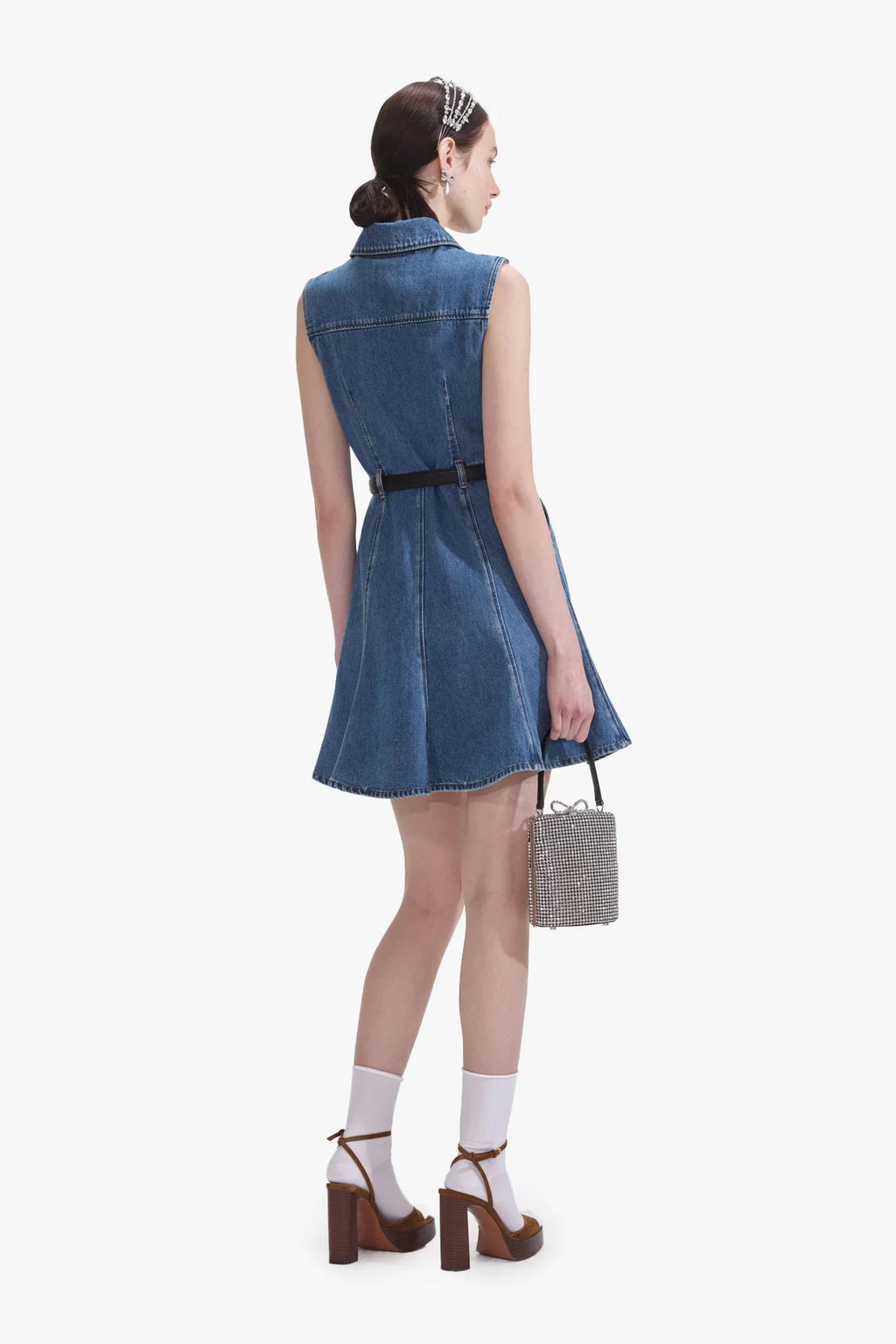 DENIM SLEEVELESS PEARL MINI DRESS