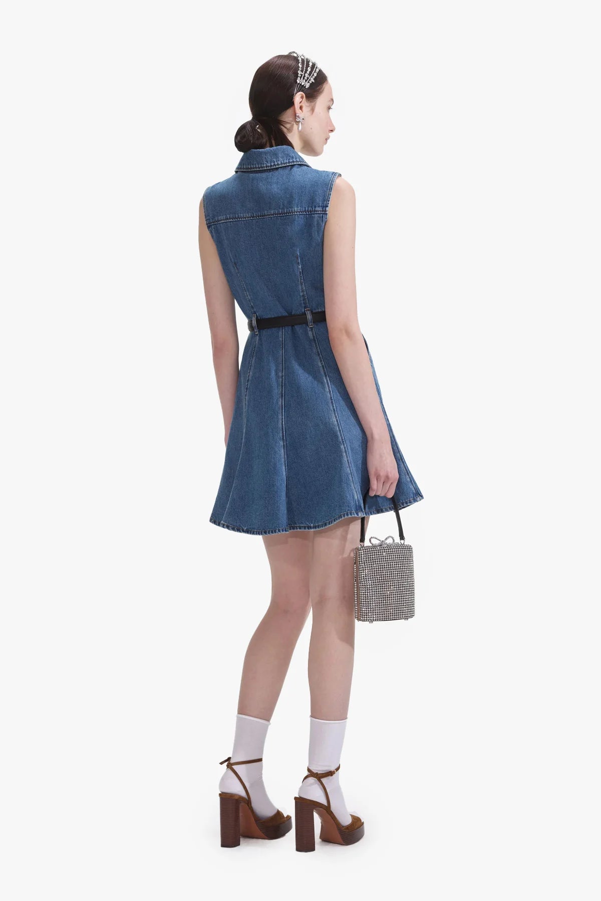 DENIM SLEEVELESS PEARL MINI DRESS