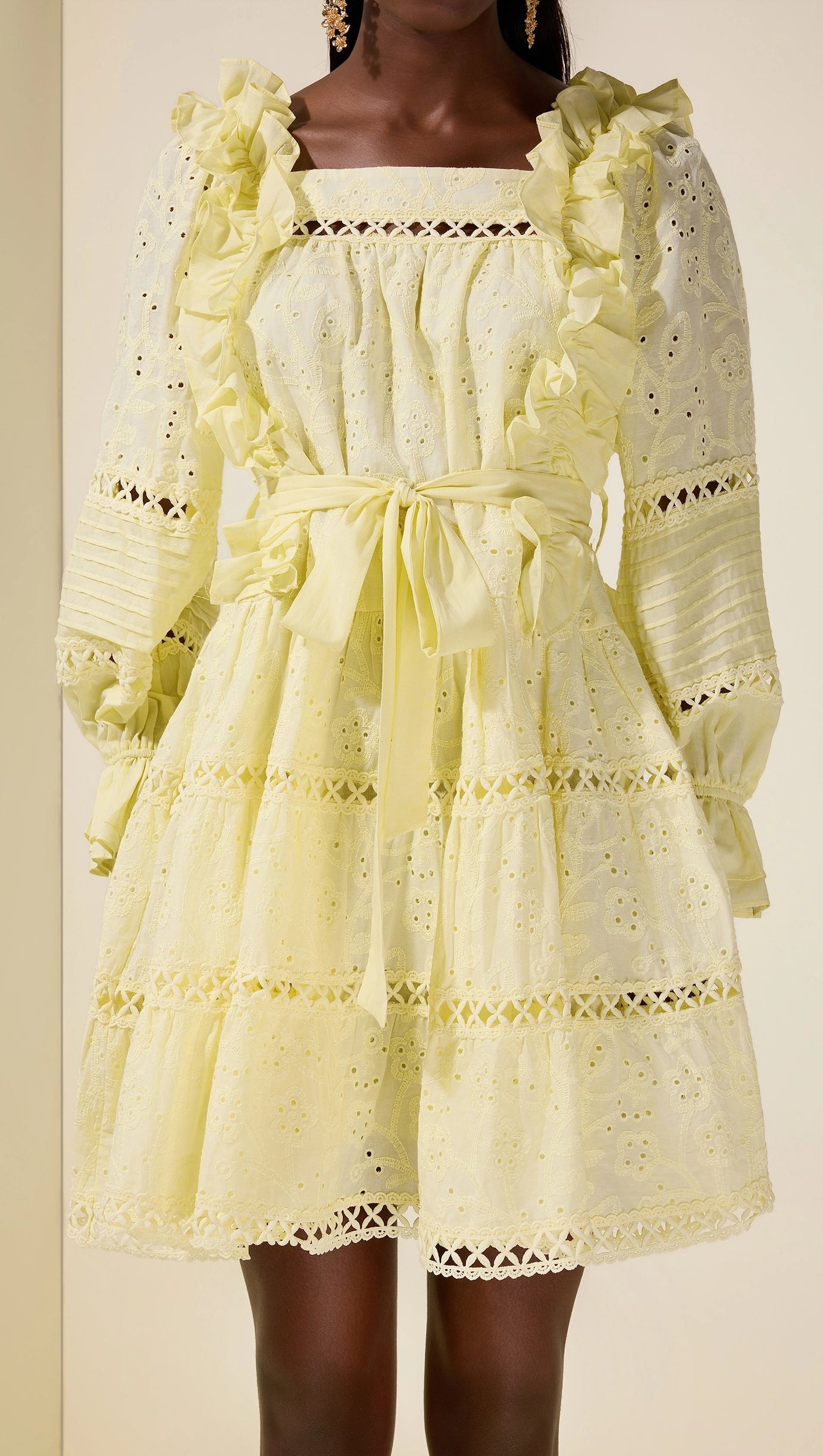 victoria Embroidered hollow Ruffle Mini Dress - yellow