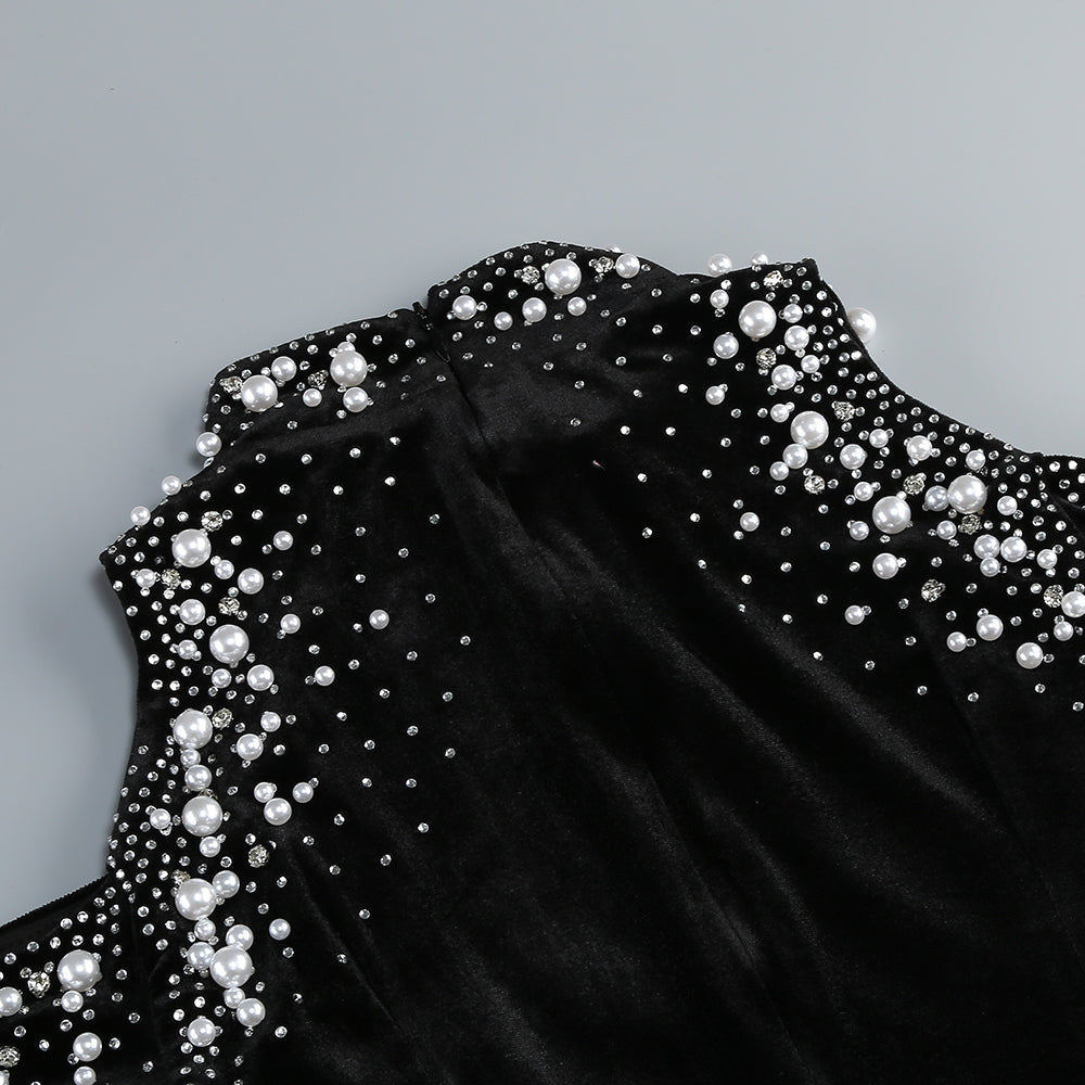 Long-Sleeve Embellished Velvet Maxi Dress in Black