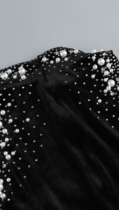 LONG SLEEVE EMBELLISHED MAXI VELVET DRESS BLACK