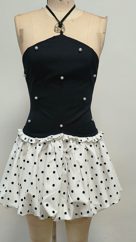 BLACK AND WHITE BEADED MINI DRESS