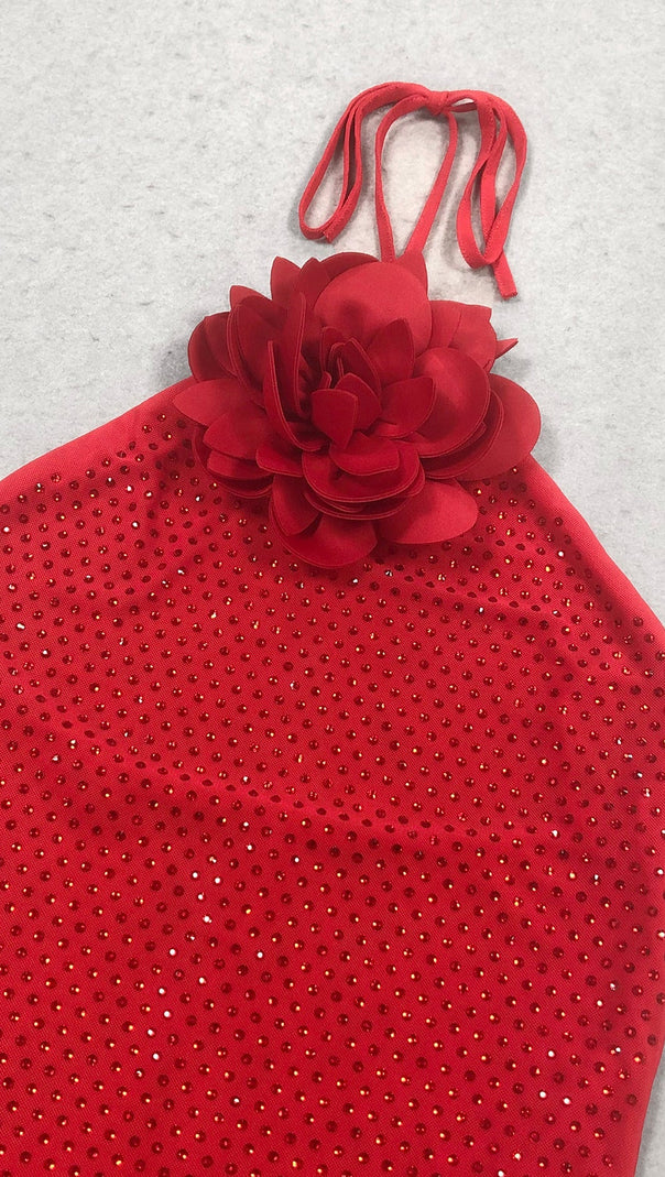 AIIZIE URSULA 3D FLOWER SEQUIN HALTER MAXI DRESS IN RED - product image