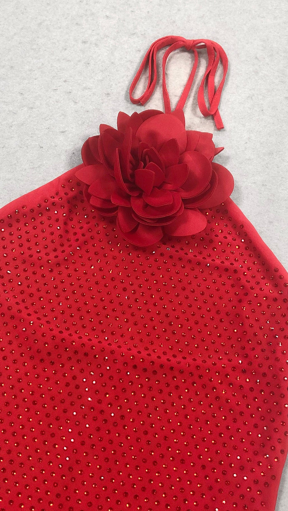 URSULA 3D FLOWER SEQUIN HALTER MAXI DRESS IN RED