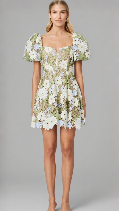 REBECCA FLORA LACE MINI DRESS IN GREEN