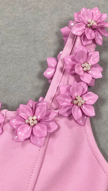 MINI ABITO ROSA CON COLLO A FIORI 3D