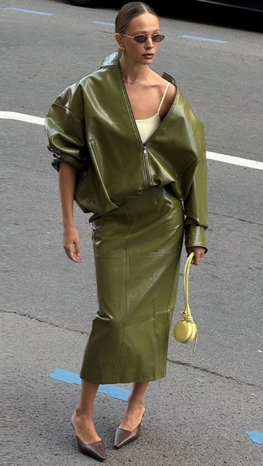 Jehan Glossy PU Leather Bomber Jacket & Midi Skirt Set - Chic Olive Green Co-ord