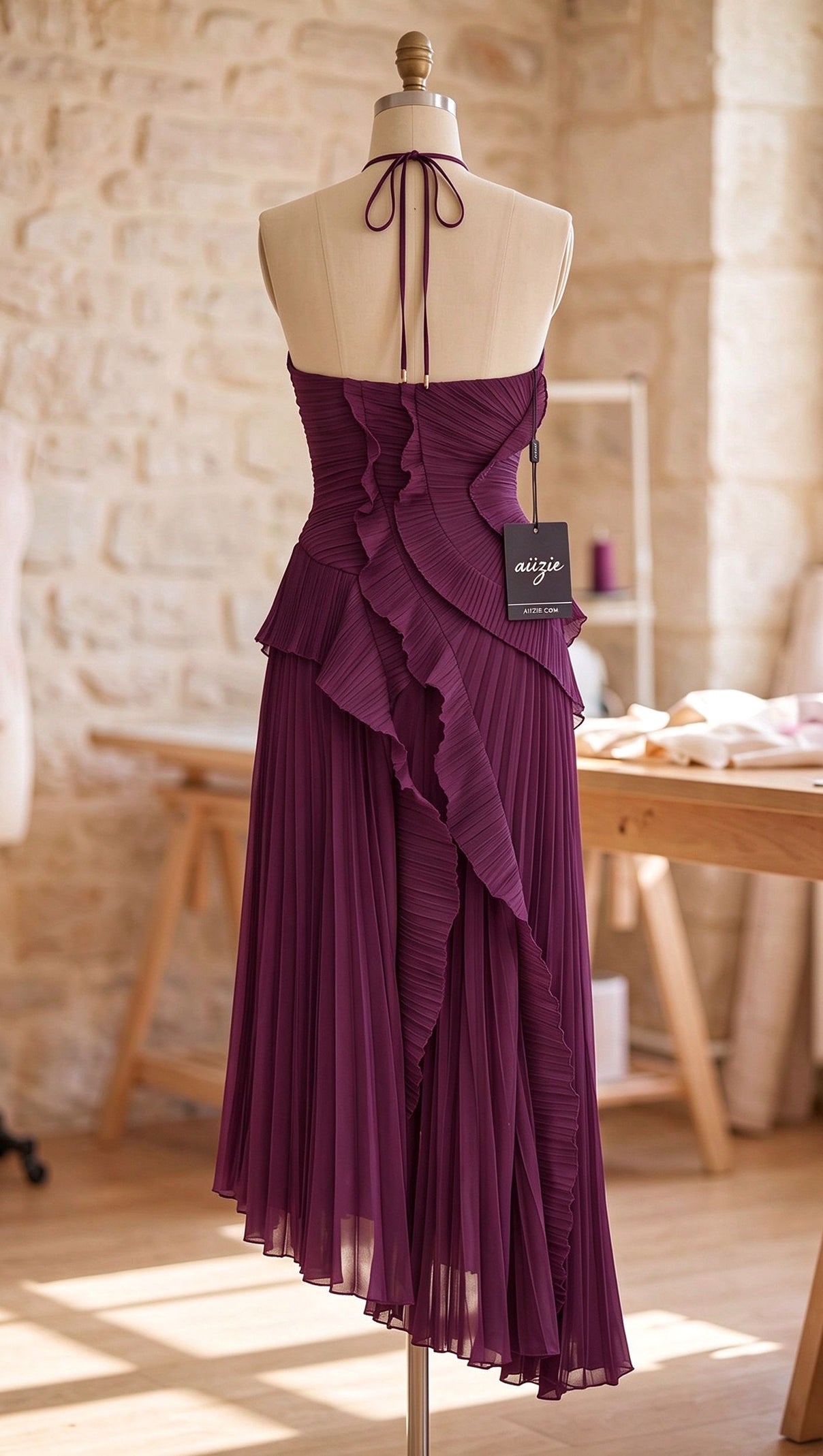 Deep Plum Asymmetrical Pleated Ruffle A-Line Dress