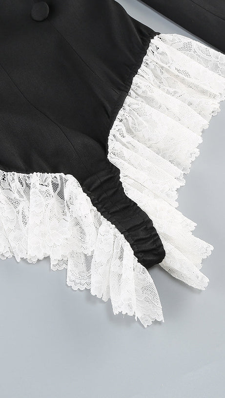 V-NECK LACE-EMBELLISHED JUMPSUIT BLAZER IN BLACK