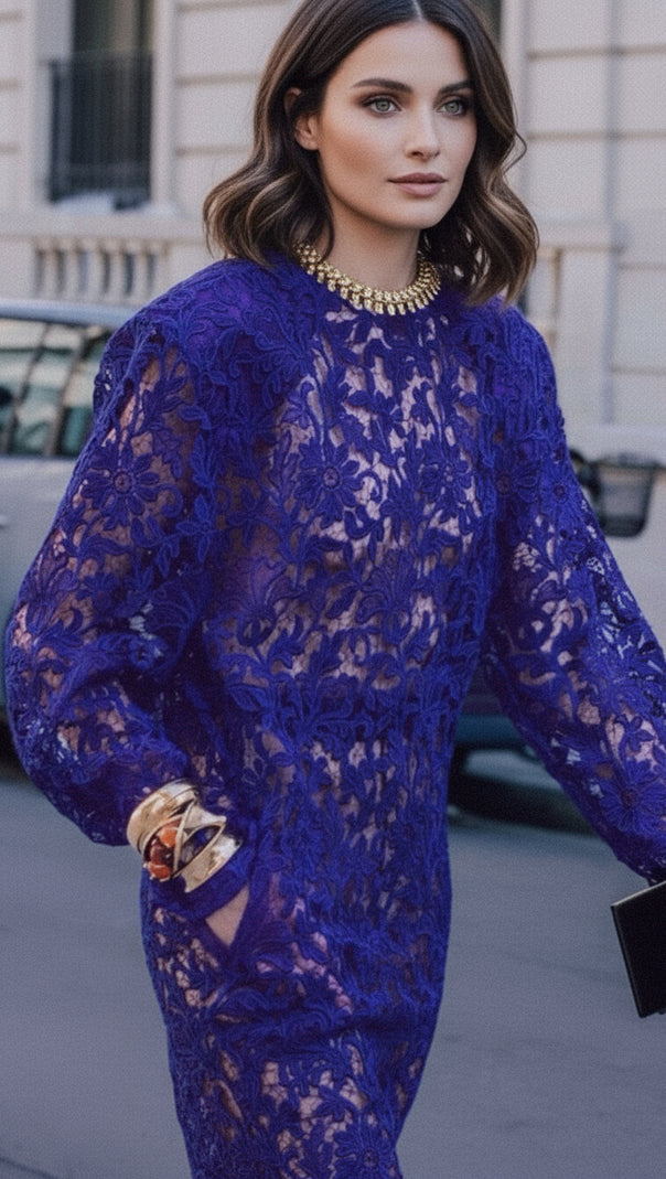 AIIZIE HERMIA ROYAL BLUE LACE LONG SLEEVE MINI DRESS - CHIC & VERSATILE FOR WOMEN - product image