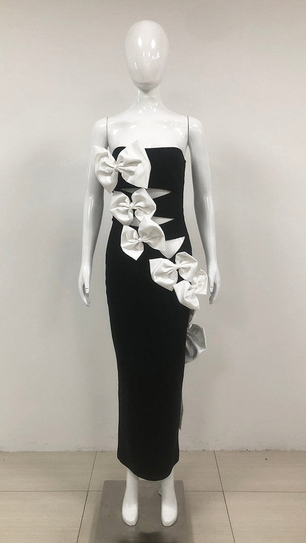 AIIZIE FLOWER EMBELLISHED BLACK STRAPLESS MAXI DRESS - product image