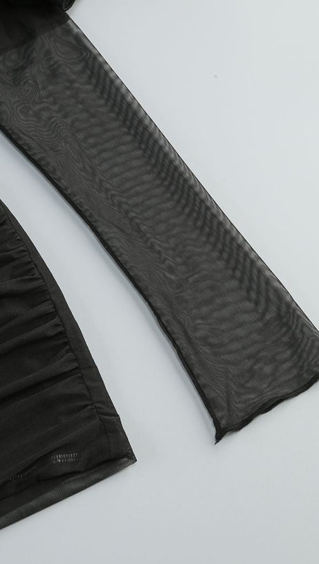 AMITY LONG SLEEVE TULLE FLORAL BARDOT DRESS IN BLACK