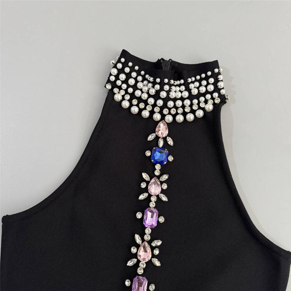 AIIZIE Janae Black Diamante Embellished Halter Neck Maxi Gown - Luxury Evening Dress - product image