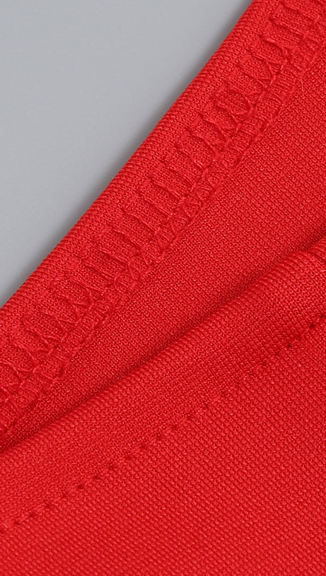 OFF-SHOULDER FEATHER PANEL RED DRESS