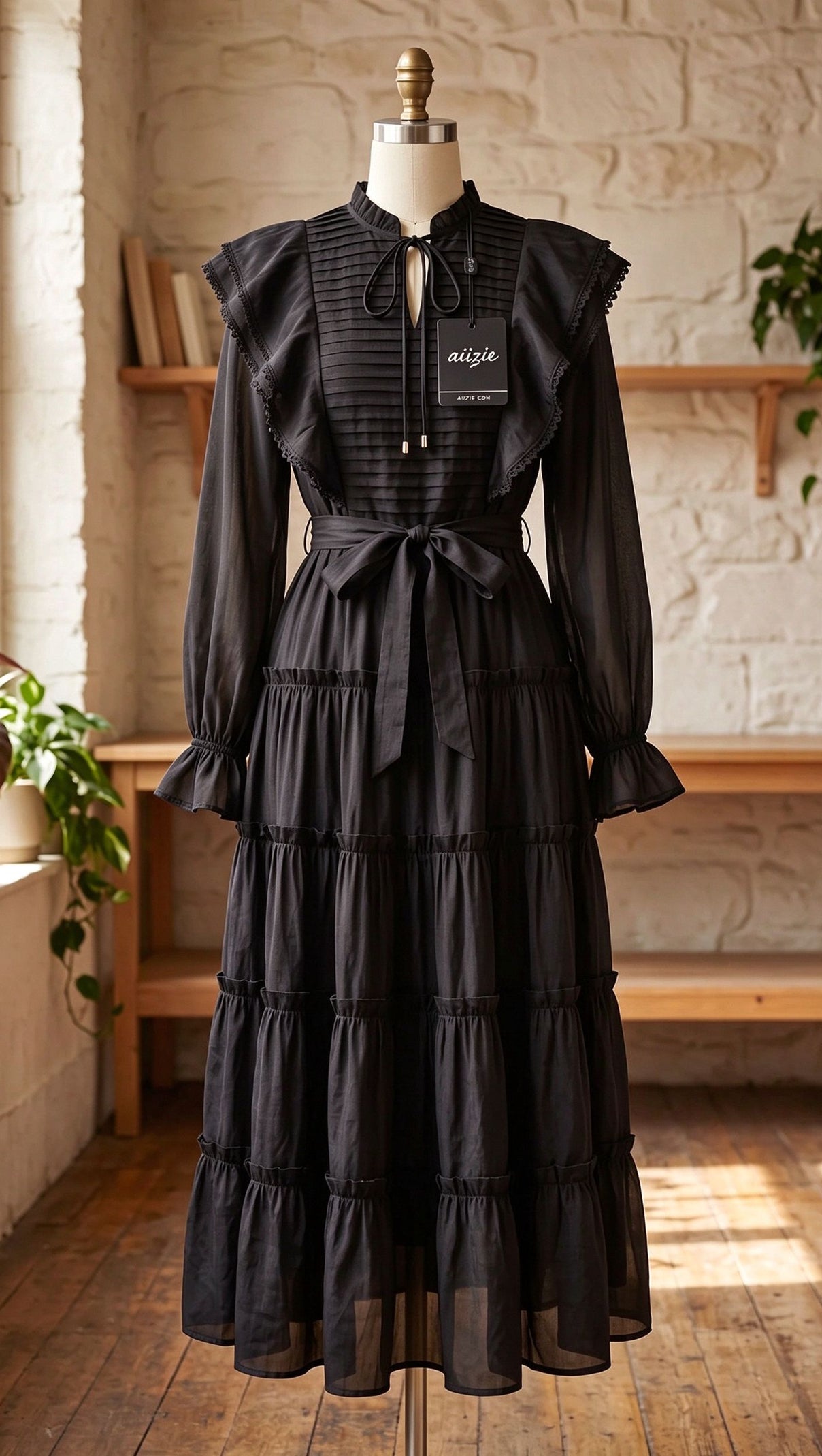 Black Tiered A-Line Midi Dress with Bishop Sleeves