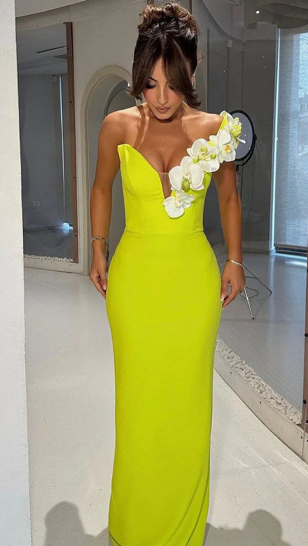 AIIZIE BANDAGEDRESS ELEGANT FLORAL ONE-SHOULDER MAXI DRESS GREEN - product image