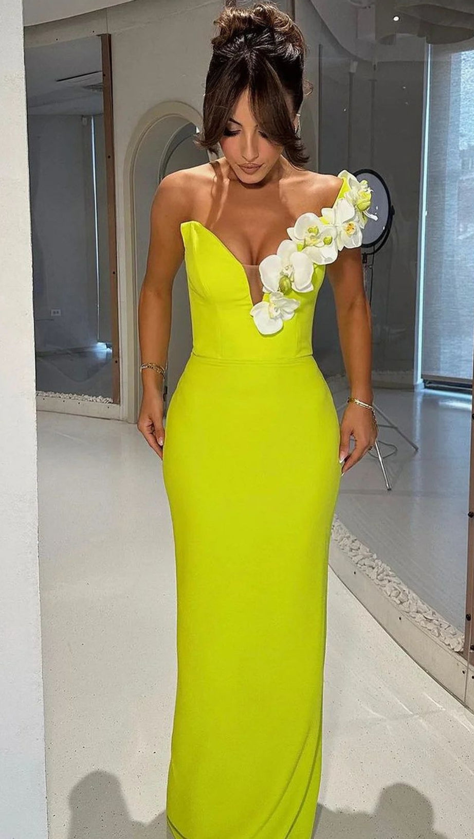 BANDAGEDRESS ELEGANTE ABITO LUNGO MONOSPALLA FLOREALE VERDE