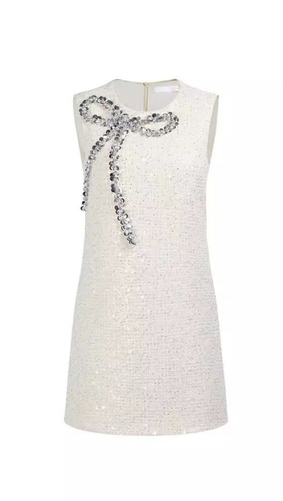 BOW SEQUIN TWEED SLEEVELESS MINI DRESS IN WHITE