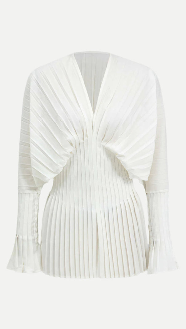 AIIZIE PLEATED BELL SLEEVE V-NECK MINI DRESS IN WHITE - product image