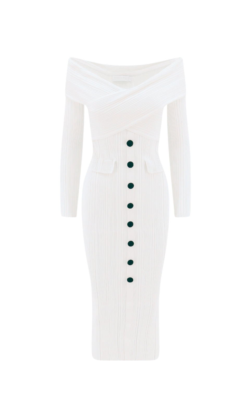 Abito midi in maglia con spalle scoperte color crema