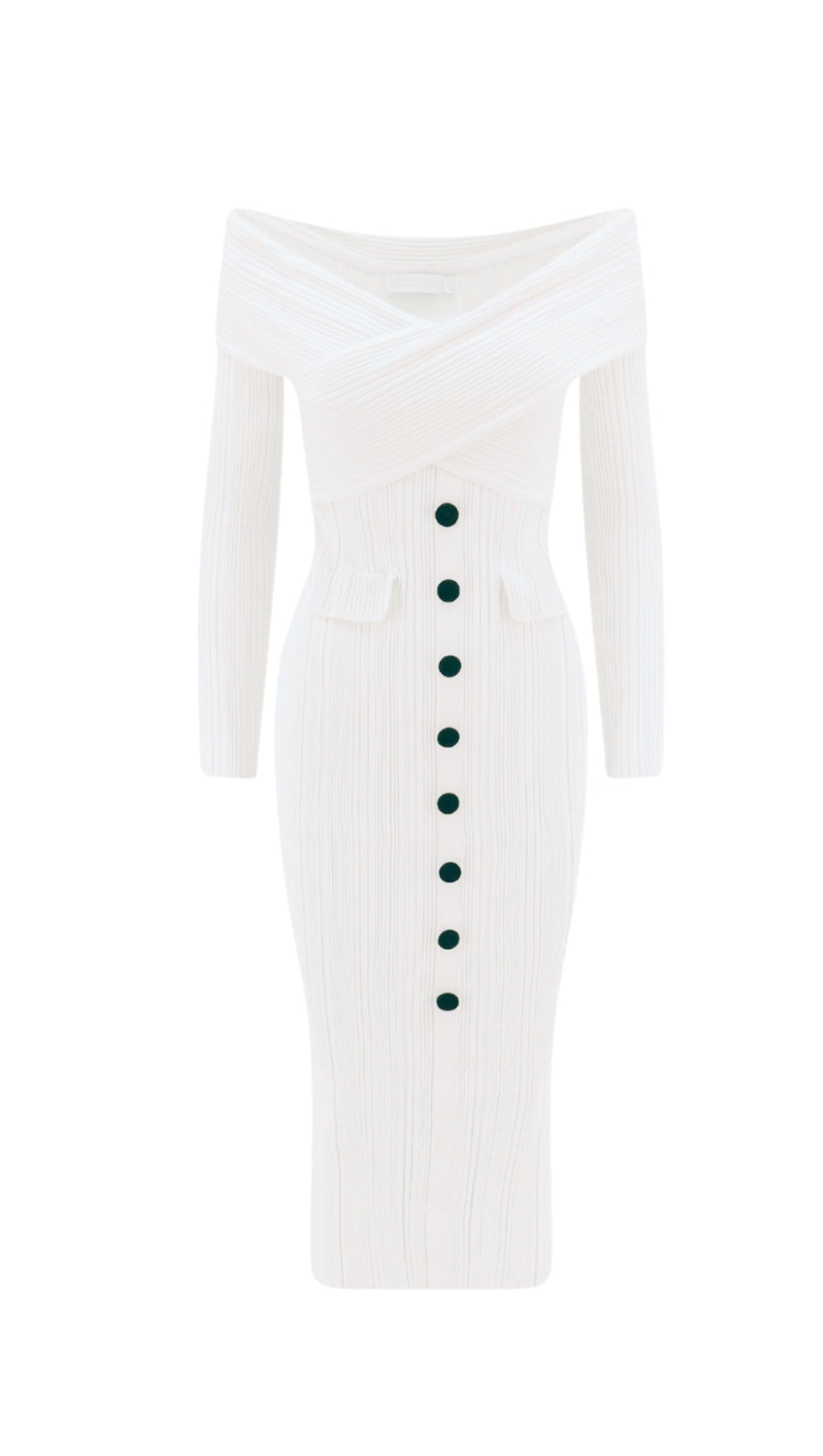 Abito midi in maglia con spalle scoperte color crema