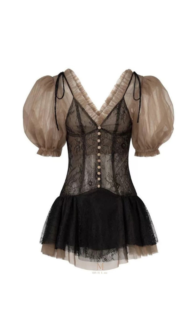 AIIZIE PUFF SLEEVE TOP LACE SKIRT SET IN BLACK - product image