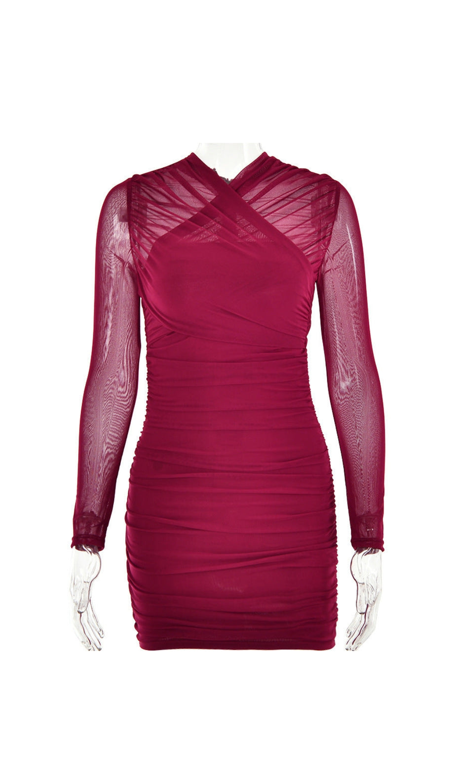 LANGÄRMELIGES, GERÄUCHERTES MESH-KLEID IN WEINROT