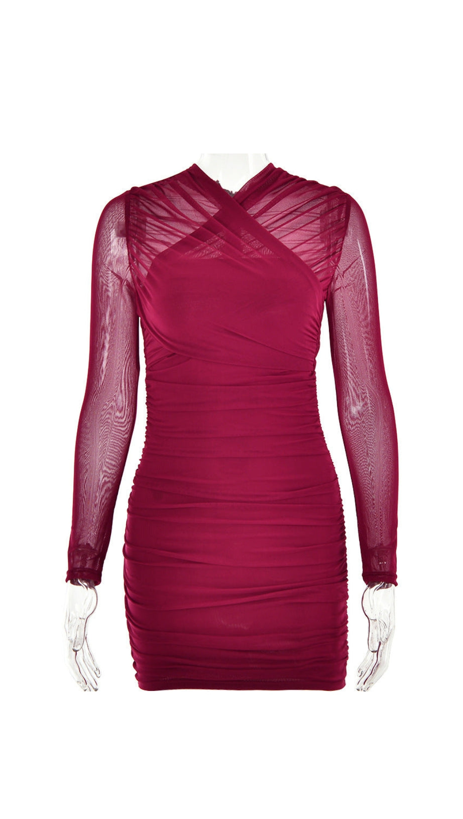 LONG SLEEVE RUCHED MESH DRESS IN WINE