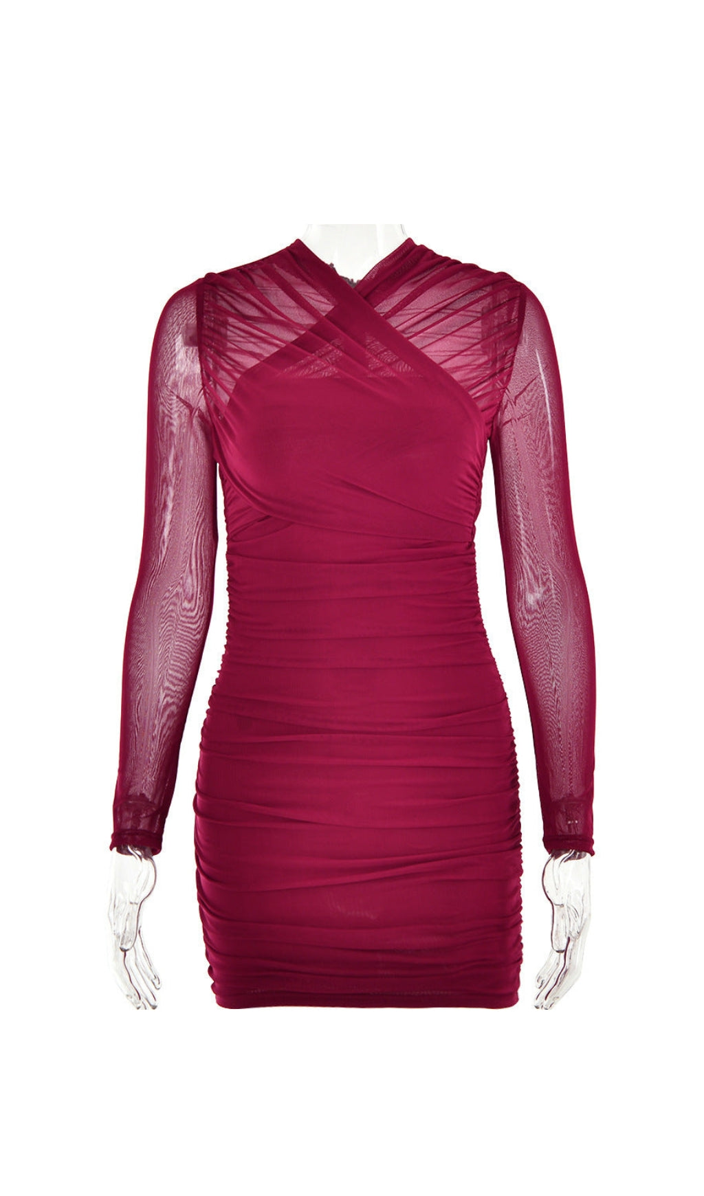 LONG SLEEVE RUCHED MESH DRESS IN WINE