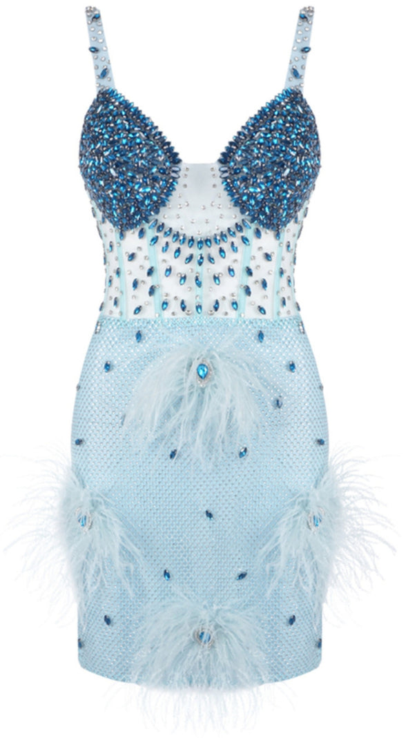 AIIZIE CRYSTAL BUSTIER FEATHER DETAIL MINI DRESS BLUE - product image